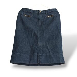 George Dark Blue Denim Pencil Skirt with Gold Chain Accents Knee Length Midi 12